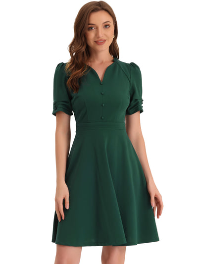 Elegant Short Puff Sleeve V Neck A-Line Zipper Side Office Dress