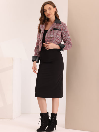 Tweed Plaid Contrast Collar Double Breasted Retro Cropped Jacket