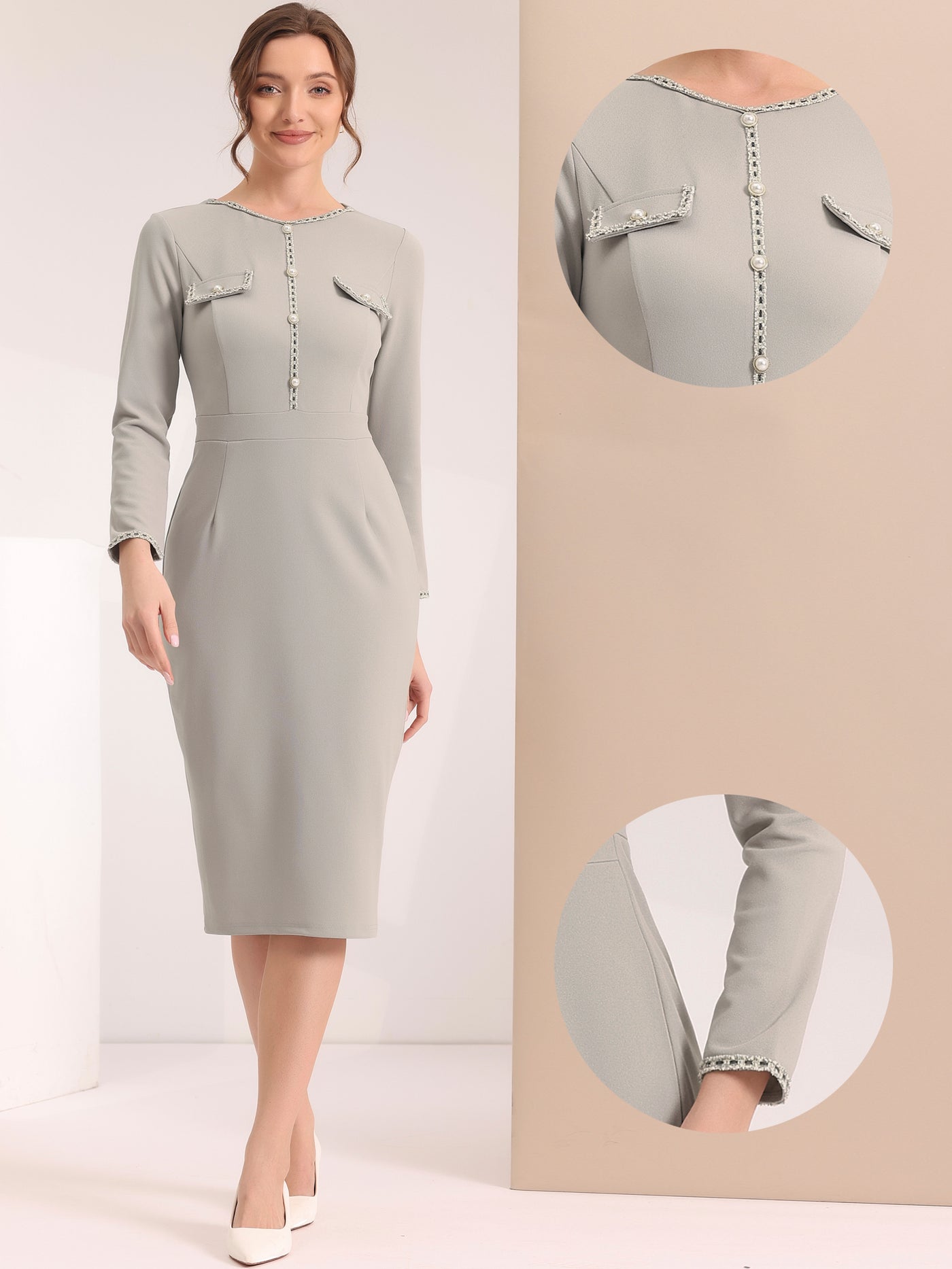 Allegra K Long Sleeve Crew Neck Knee Length Pencil Sheath Midi Dress