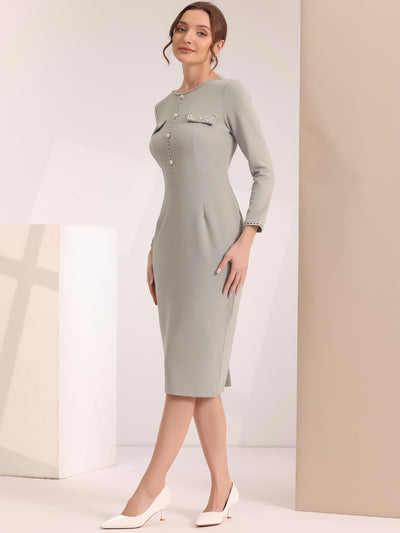 Long Sleeve Crew Neck Knee Length Pencil Sheath Midi Dress