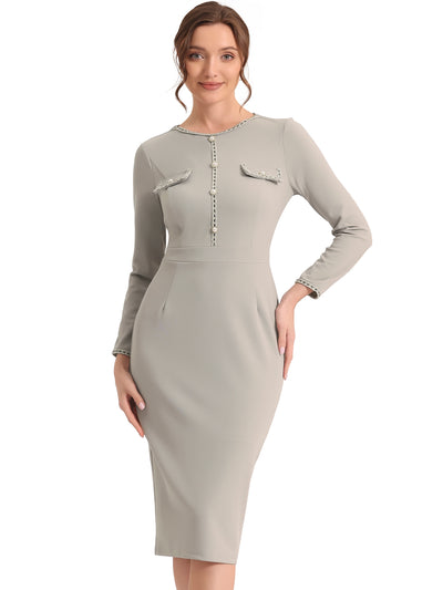 Long Sleeve Crew Neck Knee Length Pencil Sheath Midi Dress