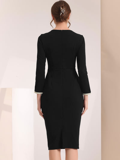 Long Sleeve Crew Neck Knee Length Pencil Sheath Midi Dress