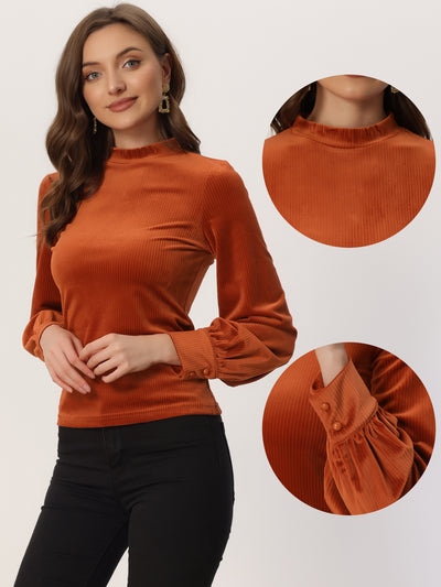 Elegant Velvet Crew Neck Puff Long Sleeve Rib Velour Blouse