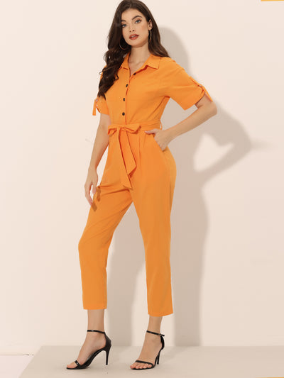 Allegra K Short Sleeve Button Down Belted Tie Waist Cotton Cargo Jumpsuit