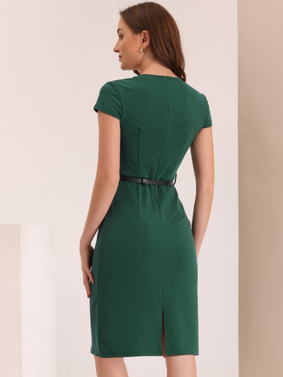 Cap Sleeve Belted Square Neck Midi Sheath Dress