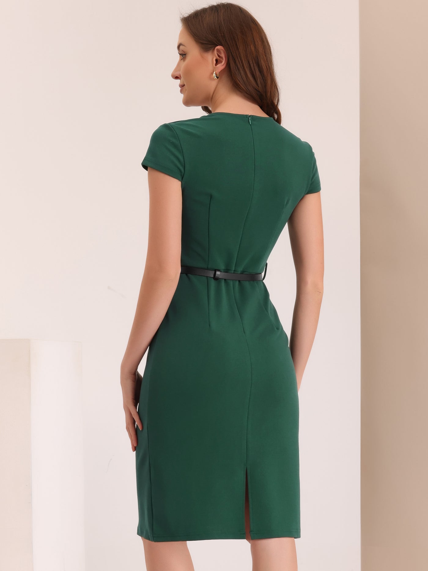 Allegra K Cap Sleeve Belted Square Neck Midi Sheath Dress