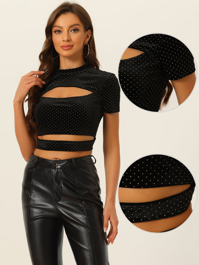 Cut Out Top Glitter Sparkle Velvet Short Sleeve Fitted Crop Tops