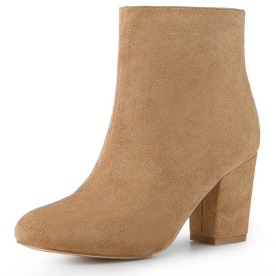 Faux Suede Round Toe Block Heel Zipper Ankle Boots