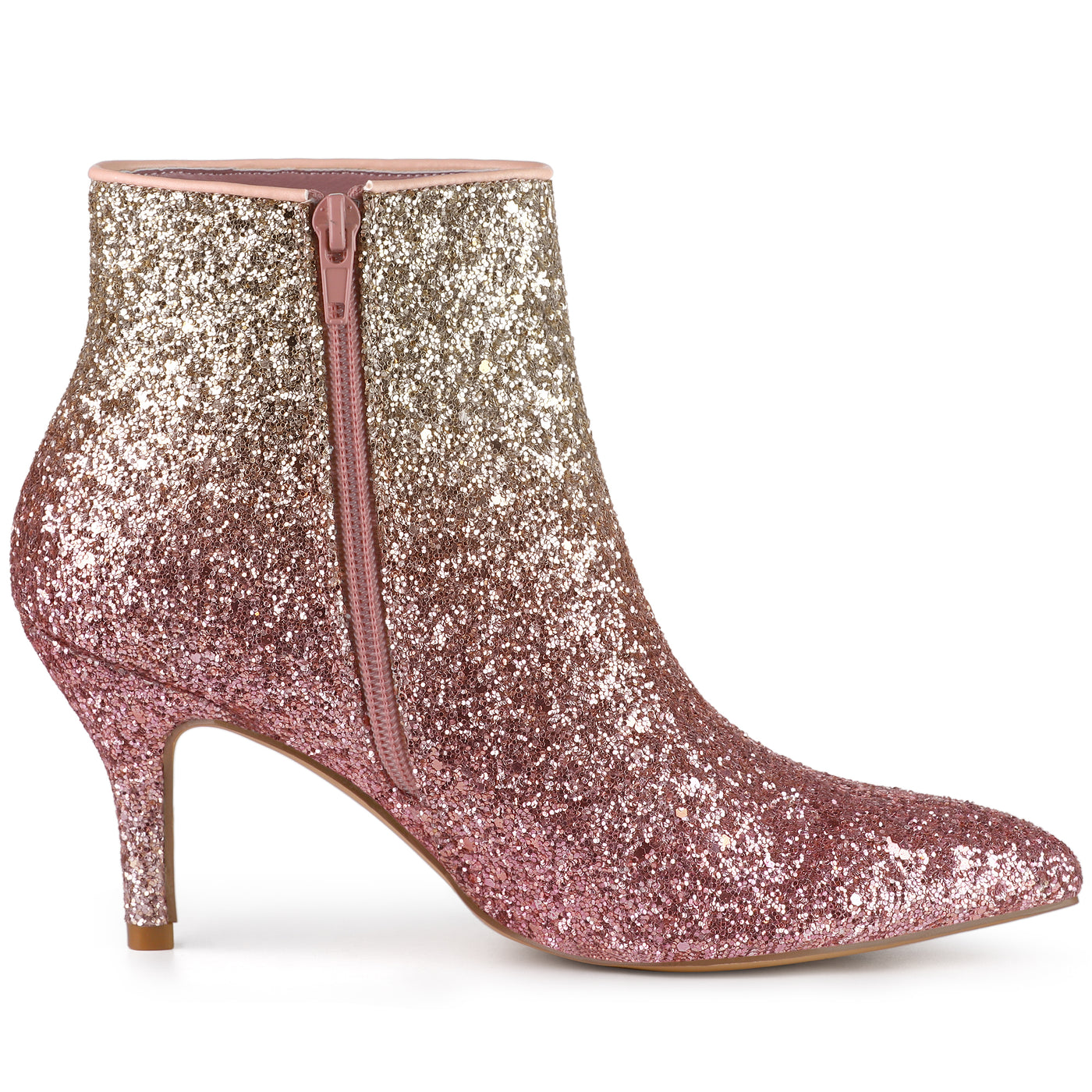 Allegra K Glitter Pointed Toe Kitten Heel Zipper Ankle Boots