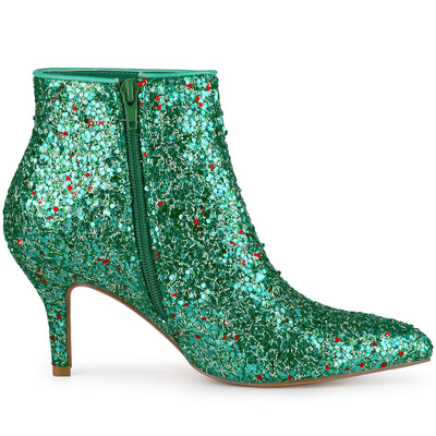 Glitter Pointed Toe Kitten Heel Zipper Ankle Boots