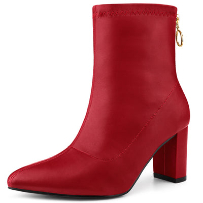 Pointy Toe Back Zip Block Heel Ankle Boots