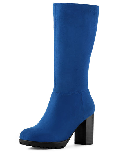 Faux Suede Mid Calf Block Heel Side Zipper Mid-Calf Boots