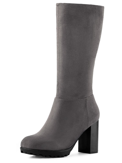 Faux Suede Mid Calf Block Heel Side Zipper Mid-Calf Boots