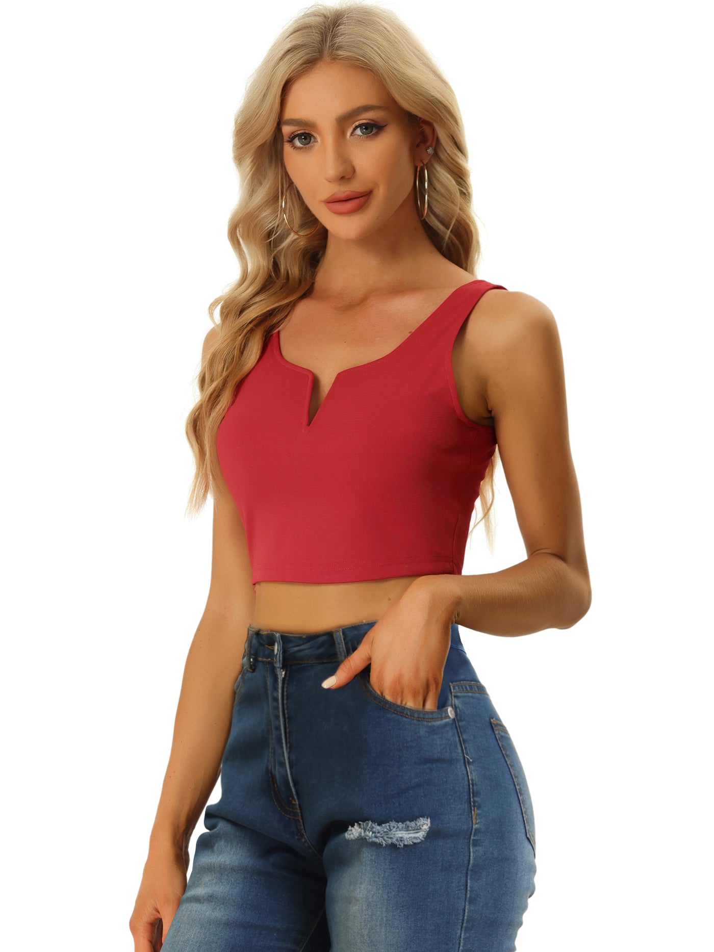 Allegra K Sleeveless Cropped Top Sexy Deep V Neck Side Zip Casual Tank Tops