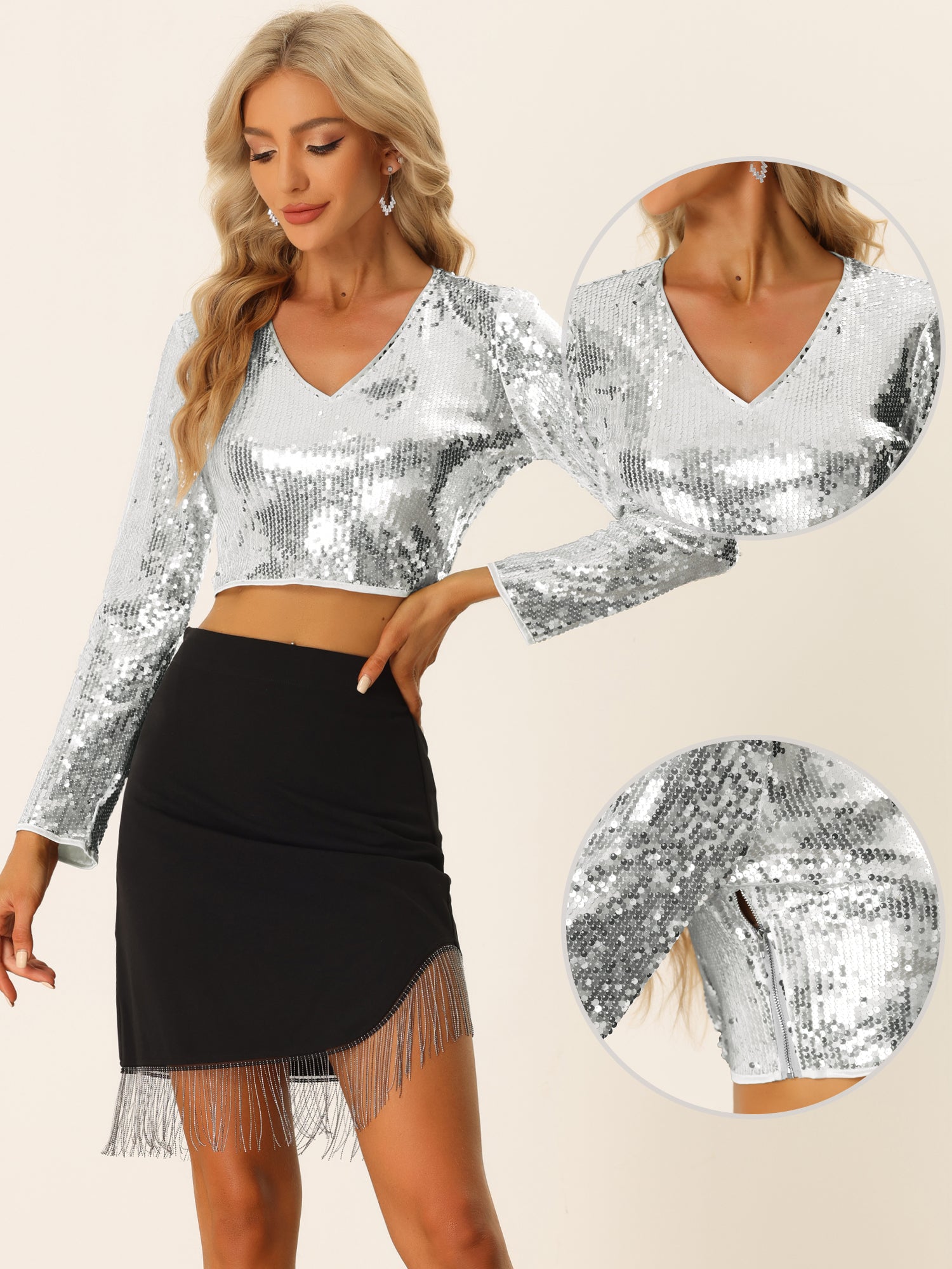 Allegra K Sequin Crop Top for Women's Long Sleeve V Neck Sparkly Shiny  Party Blouse Shirt : : Clothing, Shoes & Accessories