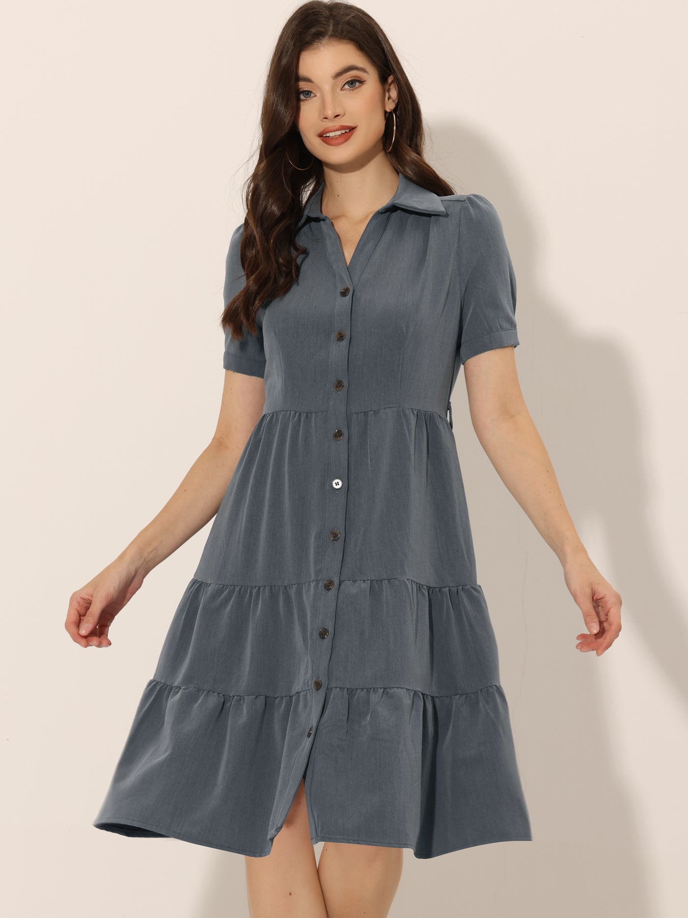 Allegra K Summer Chambray Short Sleeve Button Tie Waist V Neck Shirt Dress