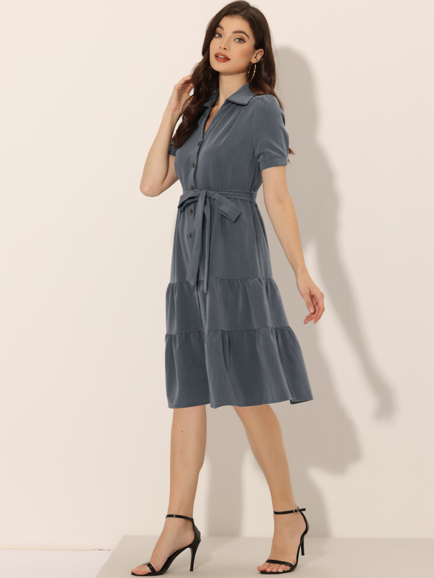 Allegra K Summer Chambray Short Sleeve Button Tie Waist V Neck Shirt Dress