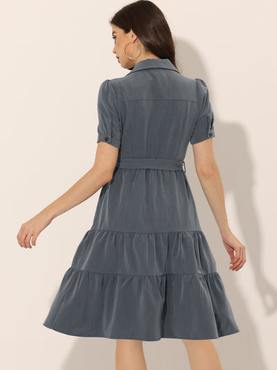 Summer Chambray Short Sleeve Button Tie Waist V Neck Shirt Dress