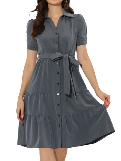 Summer Chambray Short Sleeve Button Tie Waist V Neck Shirt Dress