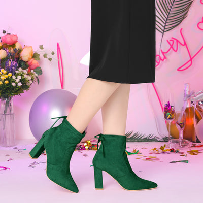 Pointed Toe Drawstring Pull On Block Heel Ankle Boots