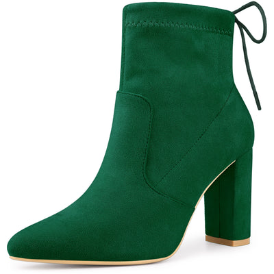 Pointed Toe Drawstring Pull On Block Heel Ankle Boots