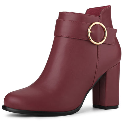 Round Toe Circle Buckle Chunky Heel Ankle Boots