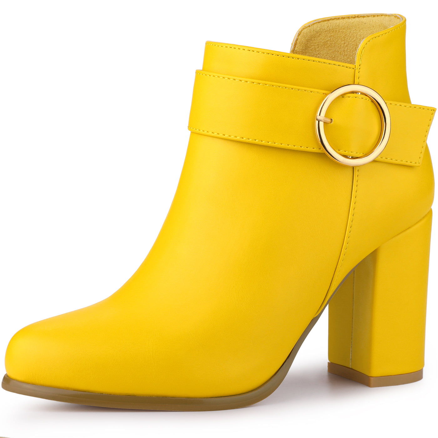 Allegra K Round Toe Circle Buckle Chunky Heel Ankle Boots