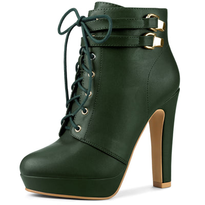 Faux Leather Lace-Up Strap Platform Block Heel Ankle Boots