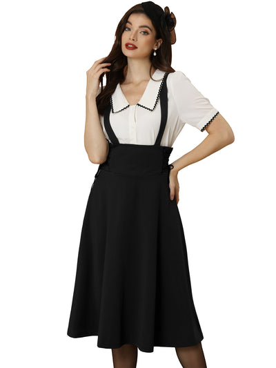 Vintage Overall High Waisted Lace Up Flared Midi Suspender Skirt