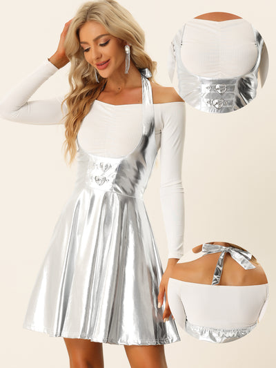 Metallic Overalls High Waist Party A-Line Suspender Skirt