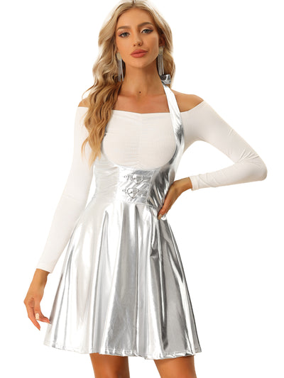 Metallic Overalls High Waist Party A-Line Suspender Skirt