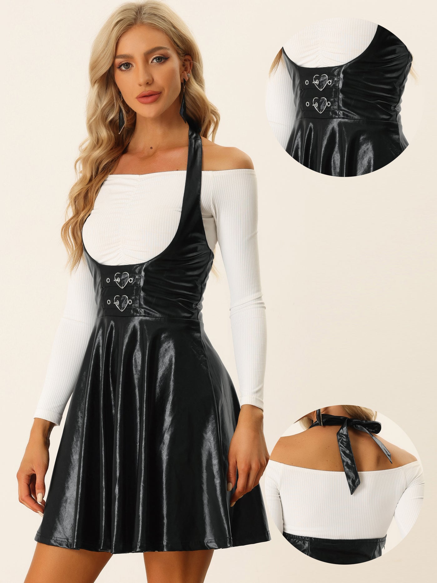 Allegra K Metallic Overalls High Waist Party A-Line Suspender Skirt