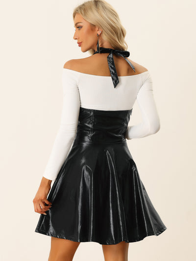 Metallic Overalls High Waist Party A-Line Suspender Skirt