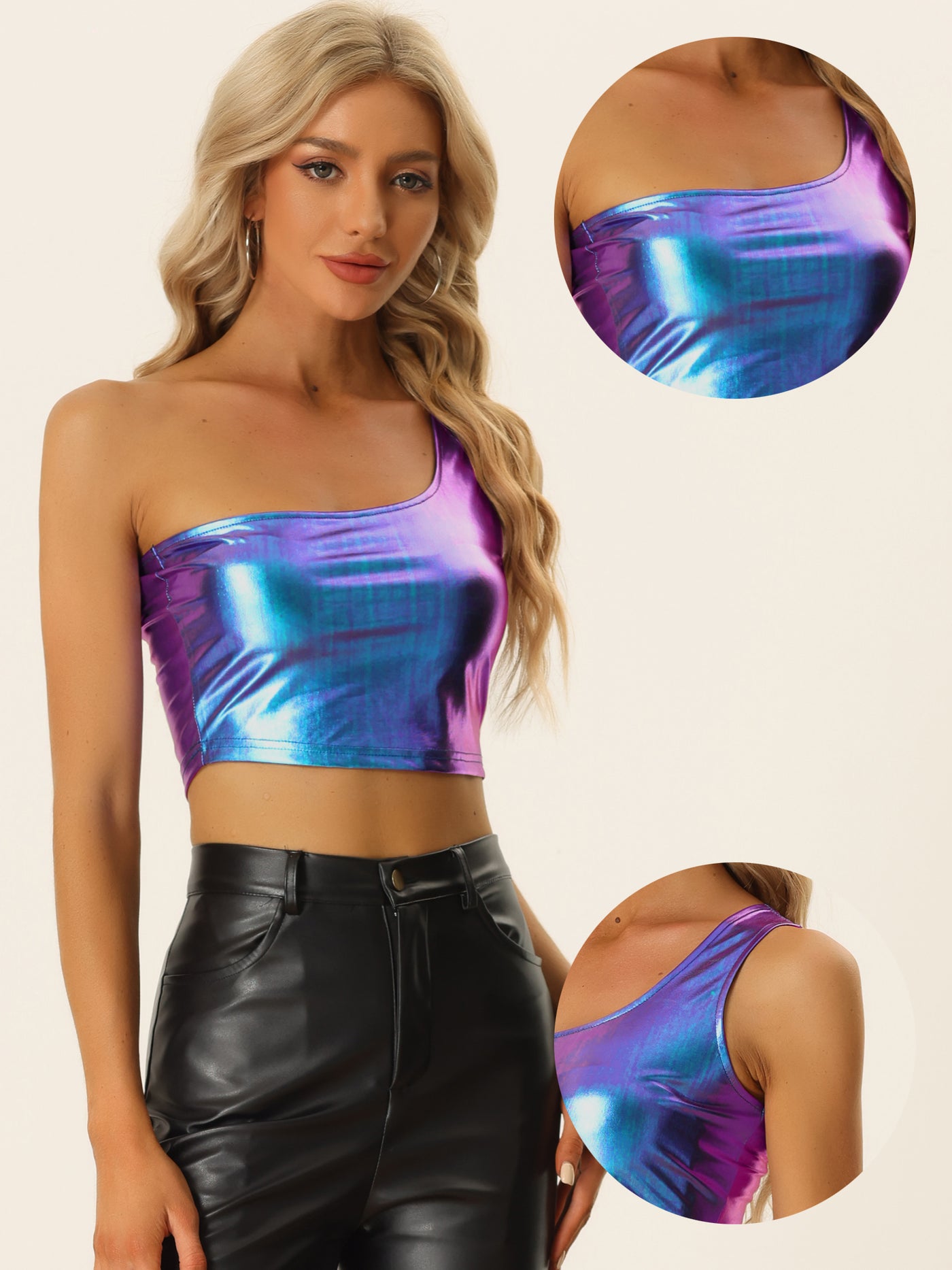 Allegra K Metallic Cropped Top One Shoulder Party Blouse