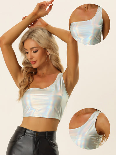 Metallic Cropped Top One Shoulder Party Blouse