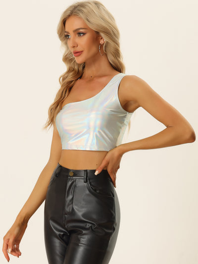 Metallic Cropped Top One Shoulder Party Blouse