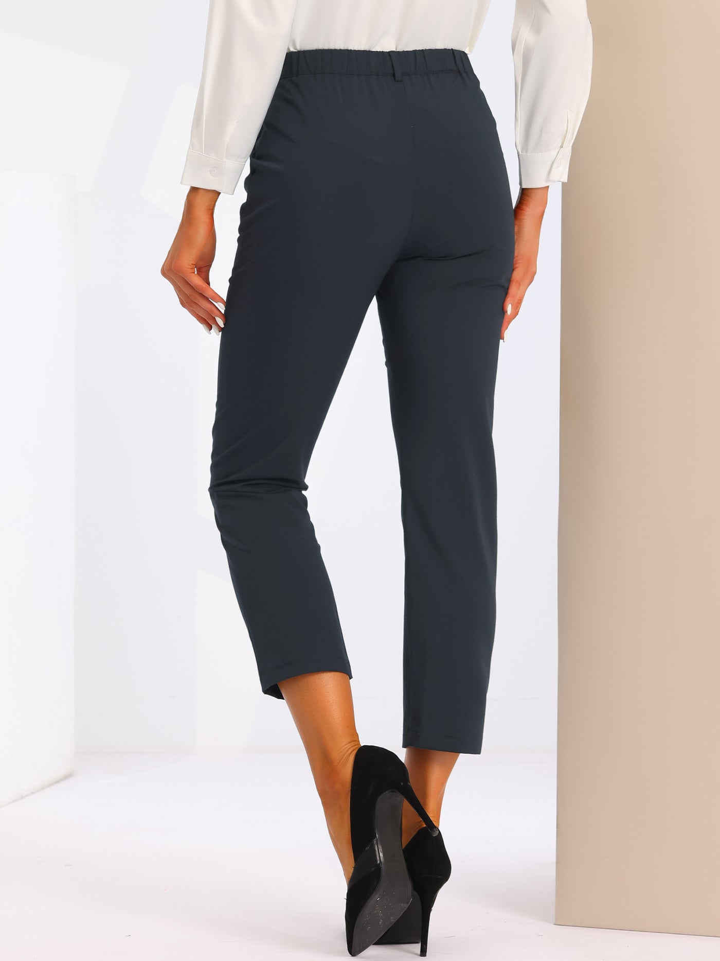 Allegra K Plaid High Waist Elastic Back Office Work Ankle Pants