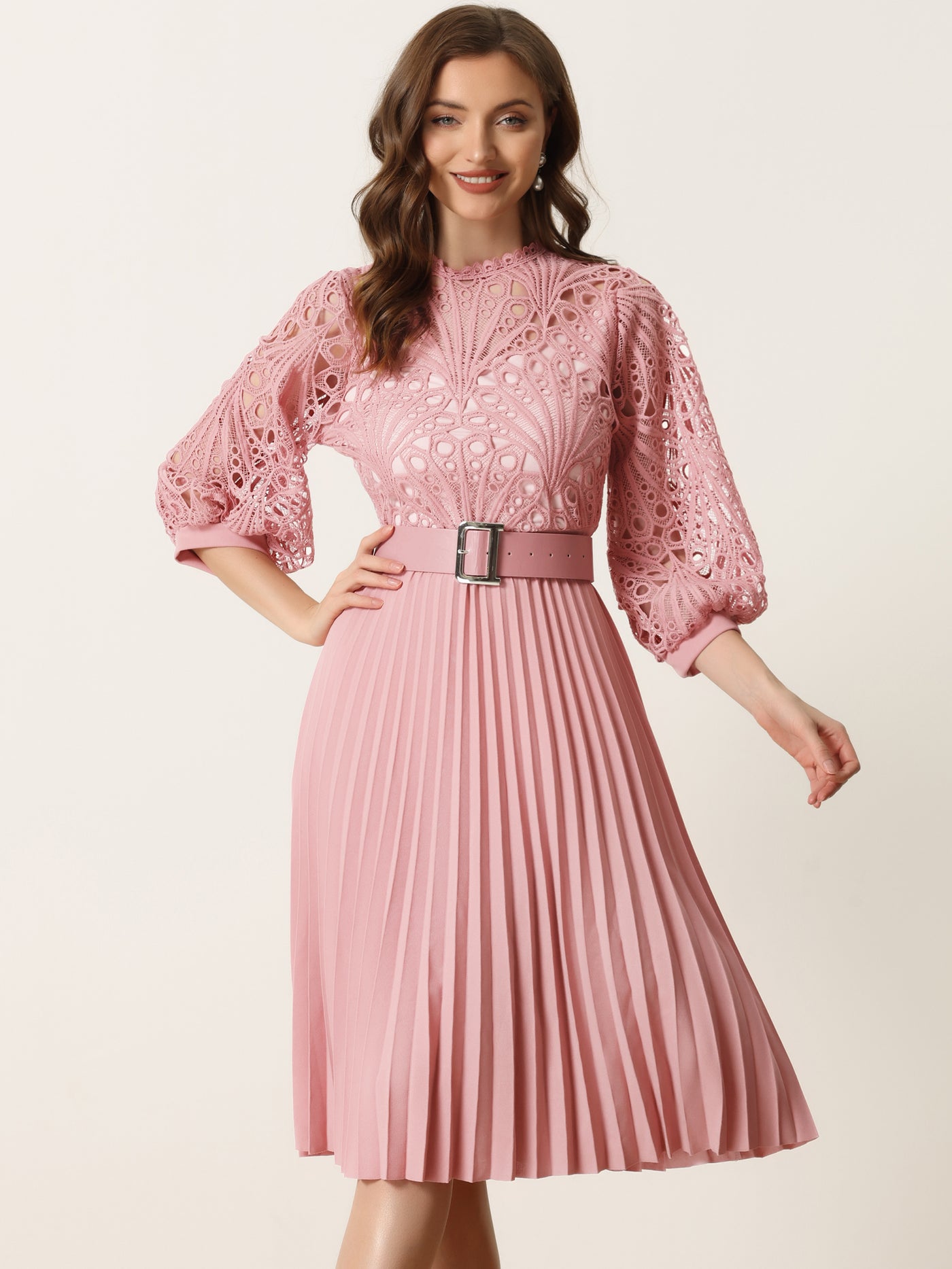 Floral Lace 3/4 Sleeve Belted Panel A-Line Pleated Dress