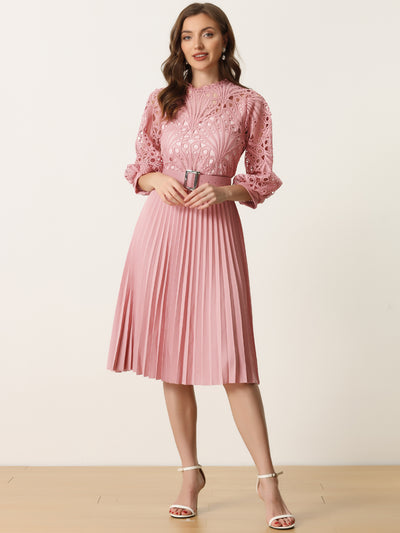 Floral Lace 3/4 Sleeve Belted Panel A-Line Pleated Dress