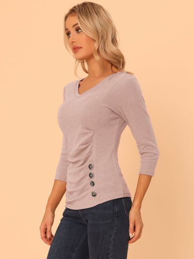 3/4 Sleeve Solid Knitted Button Decor Ruched Blouse