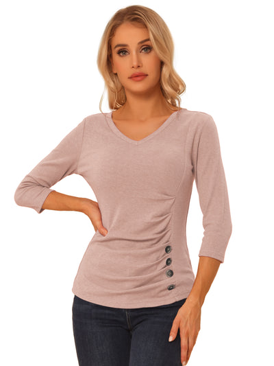 3/4 Sleeve Solid Knitted Button Decor Ruched Blouse