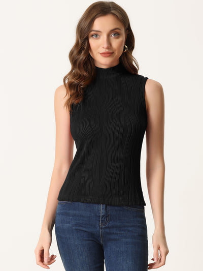 Sleeveless Fitted Top Mock Neck Textured Ribbed Knit Tank Tops