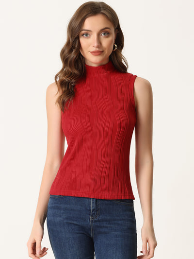 Sleeveless Fitted Top Mock Neck Textured Ribbed Knit Tank Tops