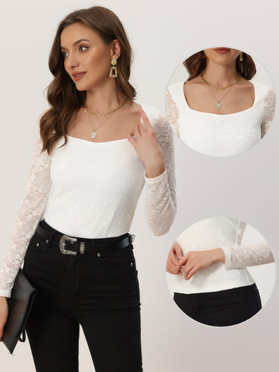 Lace Blouse Sweetheart Neck Long Sleeve Elegant Tops