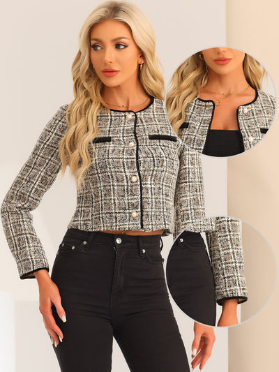 Tweed Plaid Round Neck Faux Pearl Button Long Sleeve Cropped Jacket