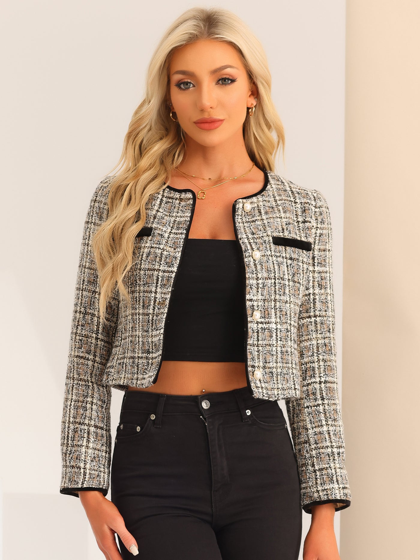 Allegra K Tweed Plaid Round Neck Faux Pearl Button Long Sleeve Cropped Jacket