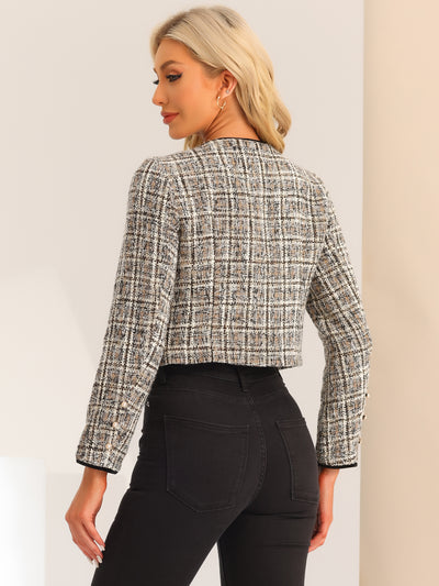 Tweed Plaid Round Neck Faux Pearl Button Long Sleeve Cropped Jacket