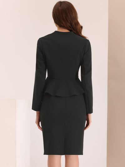 2 Piece Long Sleeve Collarless Peplum Blazer and Pencil Skirt Work Suit Set