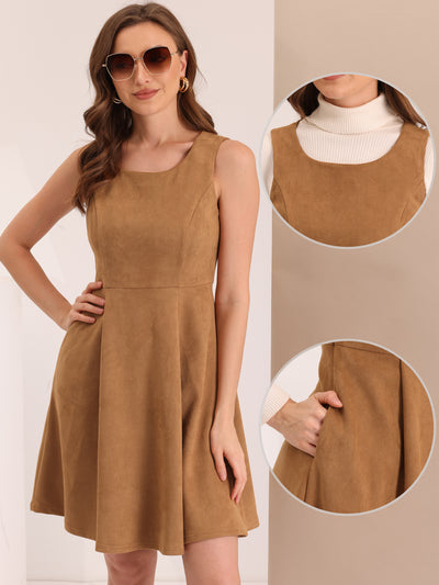 Faux Suede Overall Round Neck Sleeveless A-Line Pleated Dress