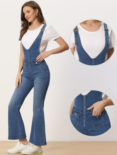 Casual Denim Jumpsuits V Neck Zip Up Bell Bottom Jeans Overall